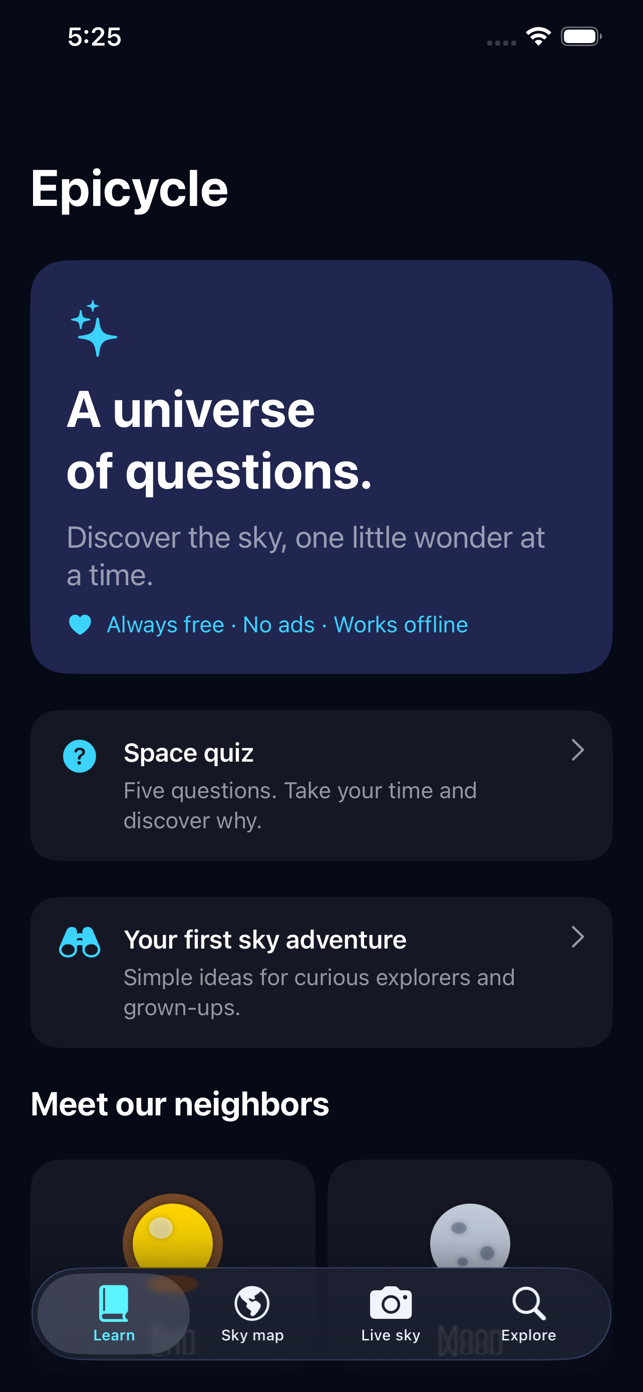 Epicycle Learn screen showing astronomy lessons and dedication banner