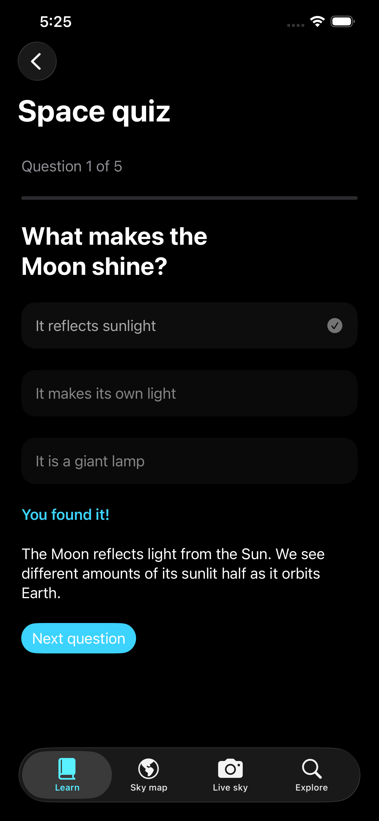 Epicycle rewritten 70-question space quiz screen
