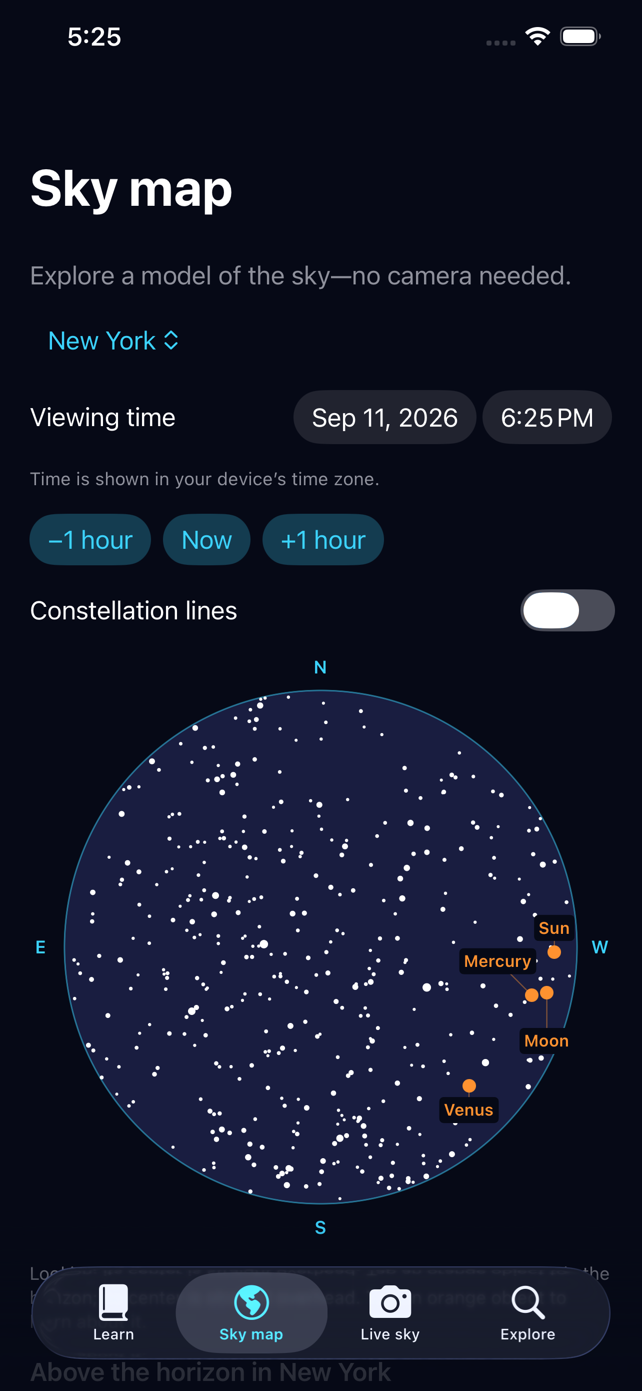 Epicycle Unified Sky screen showing real-time star positions and horizon